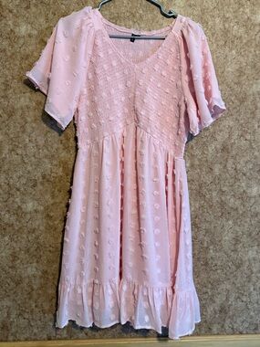 Women’s Pink Swiss Dot Flutter-Sleeve Dress
